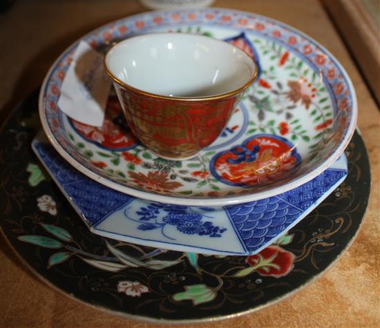 Hibachi by Eiraku with gold leaf decoration, signed RAKU, and a sake cup signed by Eiraku and a small collection of plates